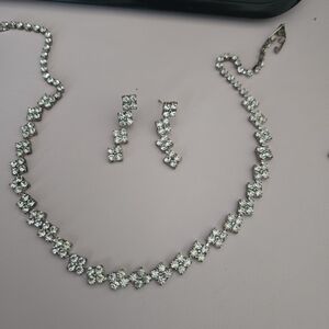 Crystal Necklace and Drop Earrings Set - Silver